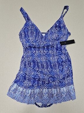 Apt. 9 Indigo Blue Geometric One Piece Swim Dress Ruched Tummy Control Med NWT